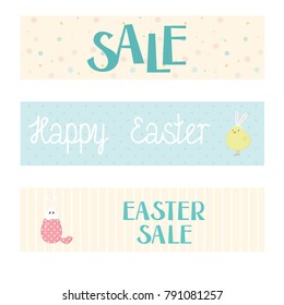 Easter sale template of three horizontal pictures with yellow chick wearing a rabbit ears hat, and a white rabbit in the egg, with lettering Happy Easter and Sale. Vector illustration.