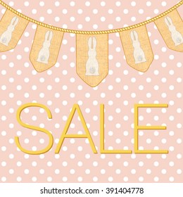 Easter sale text for  ad, promotion, poster, flier, blog, article, social media. Pale dirty rose polka dots background with decoration, rabbits, flags.