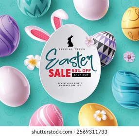 Easter sale text clipart poster design. Happy easter shopping 50% off clip art in blue doodle background with colorful eggs, flowers and wishes flyer design. Vector illustration easter sunday special 