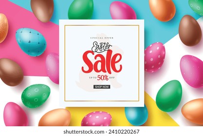 Plantilla de banner vectorial de texto de venta de Semana Santa. Venta de Semana Santa oferta especial de texto de descuento en el espacio de borde de marco con elementos de decoración de huevos coloridos en fondo abstracto. Promoción de compra de ilustraciones de vectores