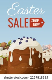 Easter sale. Traditional cakes, pastries decorated with white icing, berries and meringues. Vector illustration for the spring holiday. For banner, poster, flyer