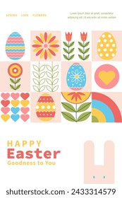 Easter sale. Trendy design with typography, hand painted plants, eggs and bunny, in pastel colors. Template for vertical poster, flyers, discount coupon of Easter holiday