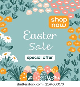 Easter Sale. Trendy vector border with Painted eggs, flowers, chamomiles, herbs. Ideal for advertising and discount in the market.