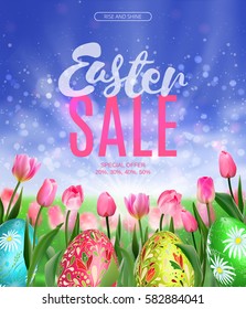 Easter sale tulips eggs and lettering EPS 10 vector royalty free stock illustration for greeting card, ad, promotion, poster, flier, blog, article, social media