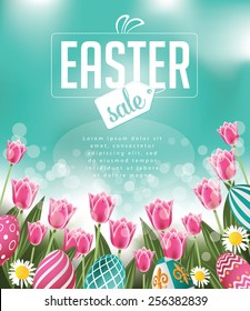 Easter sale tulips eggs and text EPS 10 vector royalty free stock illustration for greeting card, ad, promotion, poster, flier, blog, article, social media