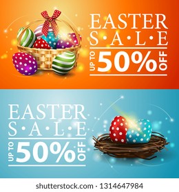 Easter sale, two discount banners with Easter eggs in the nest and basket with Easter eggs
