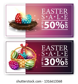 Easter sale, two discount modern banner with Easter eggs in the nest and basket with Easter eggs