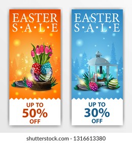 Easter sale, two discount modern banner with Easter bunny and Easter eggs