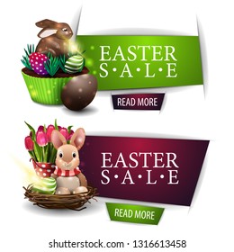 Easter sale, two discount modern banner with buttons, Easter cake, Easter Bunny and tulips