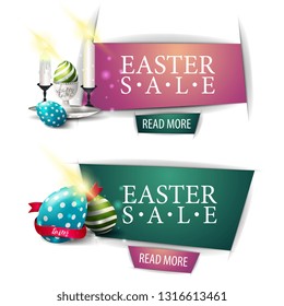 Easter sale, two discount modern banner with buttons, Easter eggs and candles