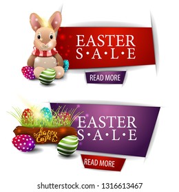 Easter sale, two discount modern banner with buttons, Easter bunny and Easter eggs