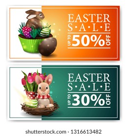 Easter sale, two discount modern banner with Easter cake, Easter Bunny and tulips