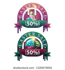 Easter sale, two modern round discount banners with Easter eggs and candles
