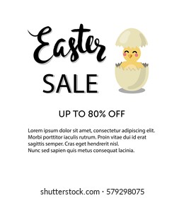 Easter sale typographic poster with a cute chicken in an egg. Vector illustration.