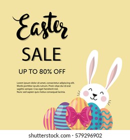 Easter sale typographic poster with painted eggs and an Easter bunny. Vector illustration.