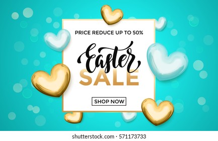 Easter Sale vector background online banner with gold and silver heart balloon pattern on green background