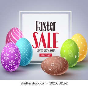 Easter sale vector banner design with colorful eggs elements and sale text in white boarder frame for easter celebration discount promotion. Vector illustration.
