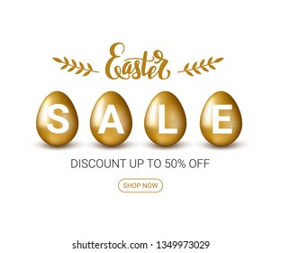 Easter sale vector banner design. Golden chiken eggs