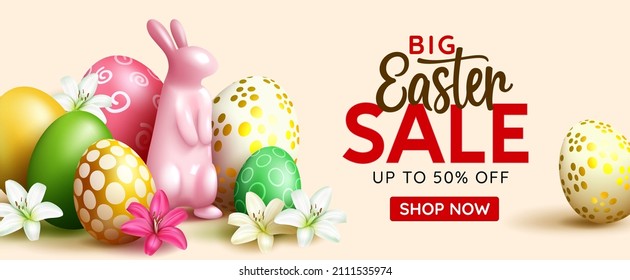 Easter sale vector banner design. Big easter sale text up to 50% off promotion with 3d realistic bunny and eggs for seasonal shop discount advertisement. Vector illustration.
