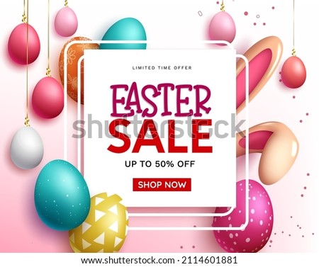 Easter sale vector banner design. Easter sale text up to 50% off with 3d colorful eggs and bunny ears for seasonal holiday discount promotion ads. Vector illustration.

