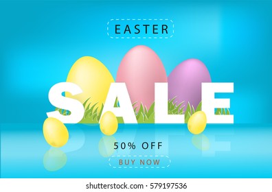 Easter sale vector banner with easter eggs, blue background, sale text reflection, 50% off, buy now