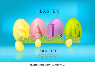 Easter sale vector banner with easter eggs, blue background, sale text reflection, 50% off, buy now