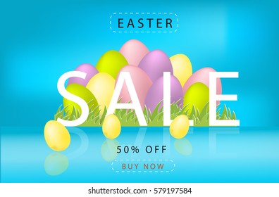 Easter sale vector banner with easter eggs, blue background, sale text reflection, 50% off, buy now