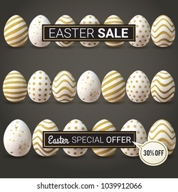 Easter SALE vector banners. Minimalistic vector template design with golden eggs. Easter special offer. 