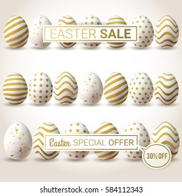  Easter SALE Vector Banners. Minimalistic Vector Template Design With Golden Eggs. Easter Special Offer. 