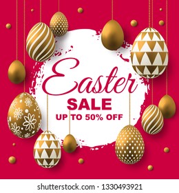 Easter Sale vector card with 3D realistic golden decorated eggs, beads and  brush splash isolated on red background. Greeting card, poster, flyer, web-banner, invitation.Discount coupon.