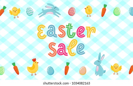 Easter sale vector cute banner with colored ornate eggs, cartoon chiken and Easter banny, rabbit on white blue traditional tablecloth blanket background. Funny sale poster, banner template design
