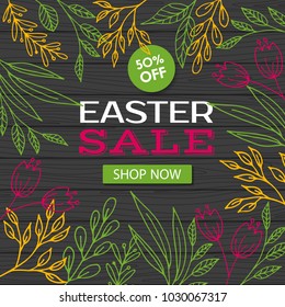Easter sale. Vector discount template. Herbs and flowers on dark wood background