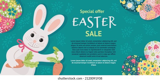 Easter sale - vector flyer, banner, poster. Vector illustration, frame for text with easter bunny and eggs 