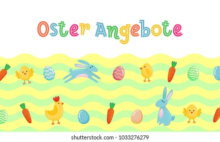 Easter sale vector German cute banner with colored ornate eggs, cartoon chiken and Easter banny, rabbit on green spring grass field wave background. Funny sale Easter poster, banner template.