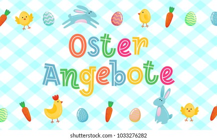 Easter sale vector German cute banner with colored ornate eggs, cartoon chiken and Easter banny, rabbit on white blue traditional tablecloth blanket background. Funny sale poster, banner template