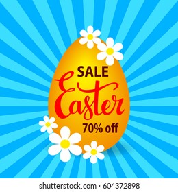 Easter sale vector illustration with egg, flowers on a sunburst background