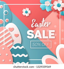 Easter Sale. Vector illustration with Easter eggs, bunny and spring flowers. Template for advertising banner, poster or flyer. Trendy colors. Paper art style