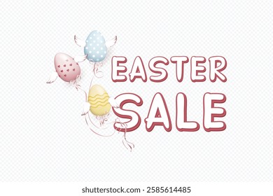 Easter Sale Vector illustration, Easter Sale inscription with flying winged Easter eggs attached to the inscription on transparent background