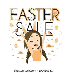 Easter sale. Vector illustration with pretty beautiful girl, cute decorative lettering, clouds and birds. Card in scandinavian style.