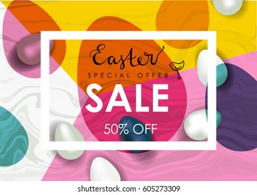 Easter sale vector illustration. Realistic festive eggs and sketch drawing spring birds. Flayer, voucher or coupon template. Marble texture.