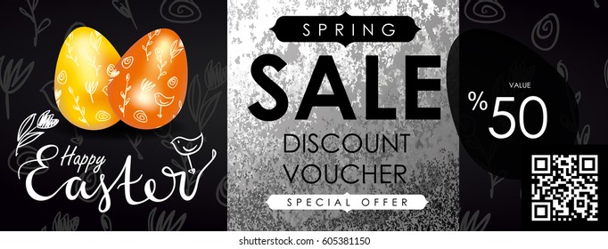 Easter sale vector illustration. Realistic festive eggs and sketch drawing spring birds, flowers and twigs. Flayer, voucher or coupon template. Chalkboard texture.
