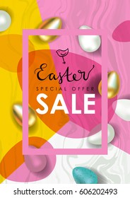 Easter sale vector illustration. Realistic festive eggs and sketch drawing spring birds. Flayer, voucher or coupon template. Gold and Marble texture.