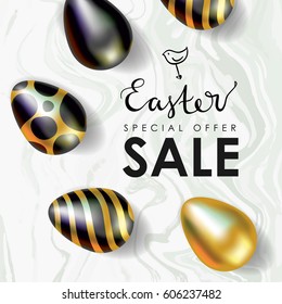 Easter sale vector illustration. Realistic festive eggs and sketch drawing spring birds. Flayer, voucher or coupon template. Gold and Marble texture.
