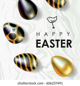 Easter sale vector illustration. Realistic festive eggs and sketch drawing spring birds. Flayer, voucher or coupon template. Gold and Marble texture.