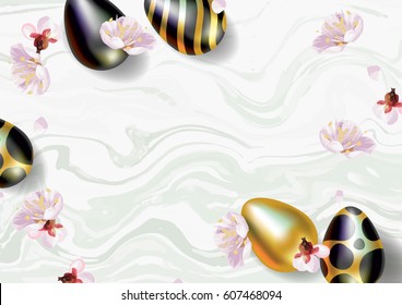 Easter sale vector illustration. Realistic festive eggs and spring plum tree flowers. Sketch drawing bird. Top view frame, mock up. Gold and Marble texture.
