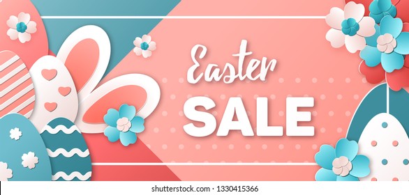 Easter Sale. Vector illustration in trendy colors. Easter eggs, bunny and spring flowers in a paper art style. Template for advertising banner, poster or flyer.
