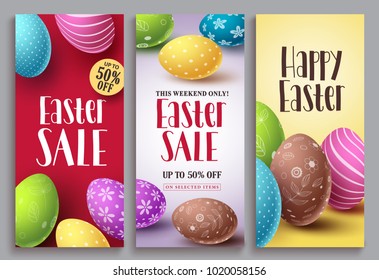 Easter sale vector poster set with colorful eggs elements for retail discount promotion. Easter background template with space for text. Vector illustration.
