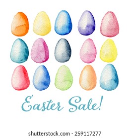 Easter Sale watercolor greeting card with multicolored eggs background. Hand drawn vectorized, eps10