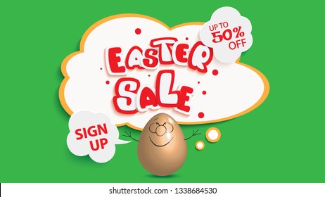 Easter sale web banner with cute Easter Egg next to textual comic speech bubble,vector illustration of online shopping website