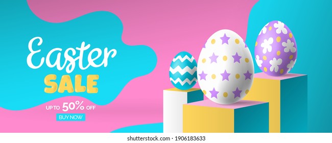 easter sale web banner design with 3d eggs on podiums  trendy vector illustration